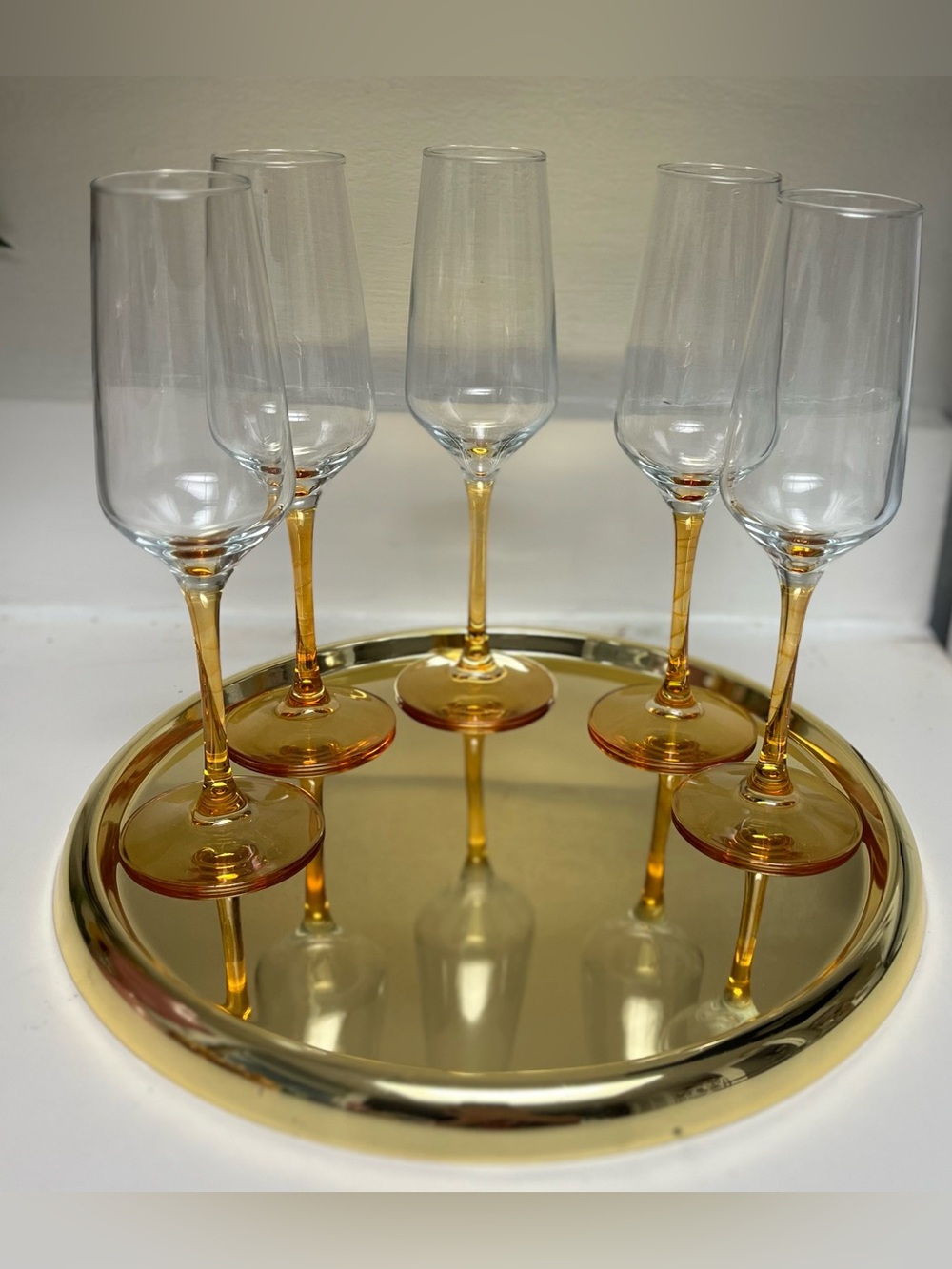 Amber-Stem Champagne Flutes - Set of 6 Vintage by Vicrila of Spain on Gold Tray